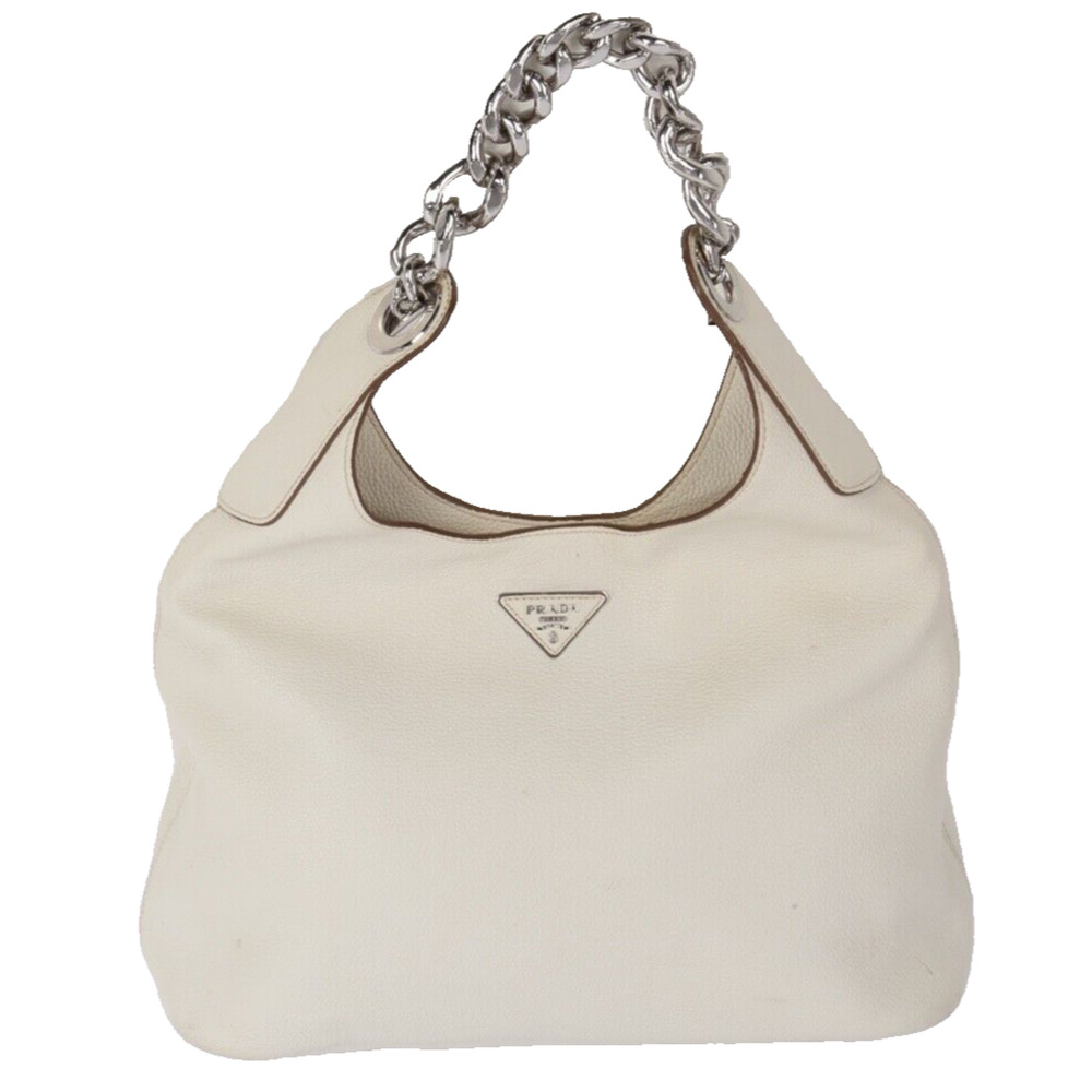 Prada Ivory Leather Large Vitello Daino Chain Link Hobo